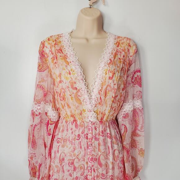 Rococo Sand Candy Dress Paisley Print Maxi Dress Chiffon Lace Pink Size Medium - Picture 4 of 12